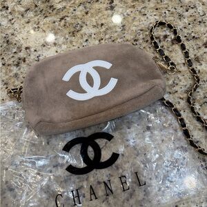 Beige Suede Crossbody or shoulder bag with White Logo